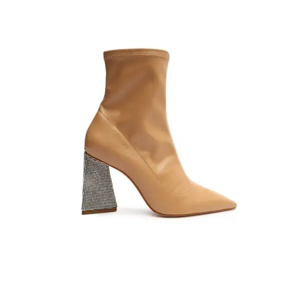 SCHUTZ Beige Nappa Leather Ankle Boot with Embellished Block Heel